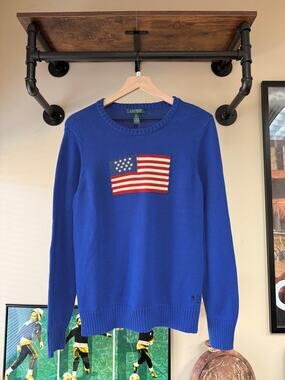 Women's Y2K Polo Ralph Lauren Vintage Green Label USA Flag Sweater Blue RRL by